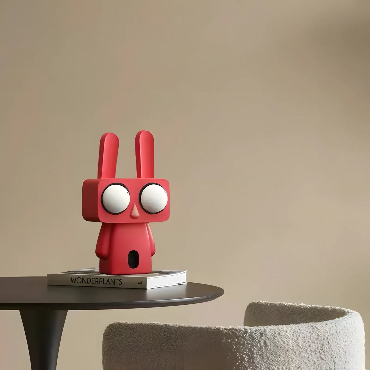 A coral red pop art bunny figurine styled on top of design books on a black round table next to a textured white armchair