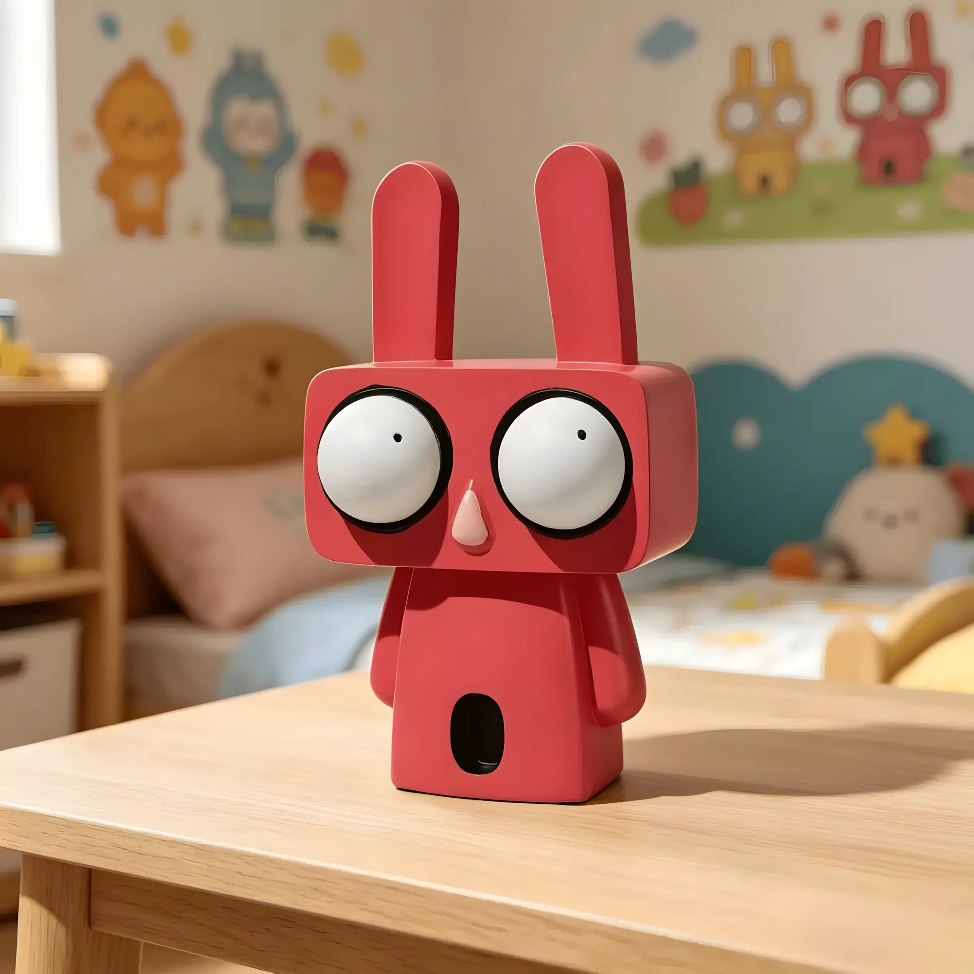 A minimalist white pop art rabbit figurine on a red stand next to a coral red bunny sculpture against a deep red background