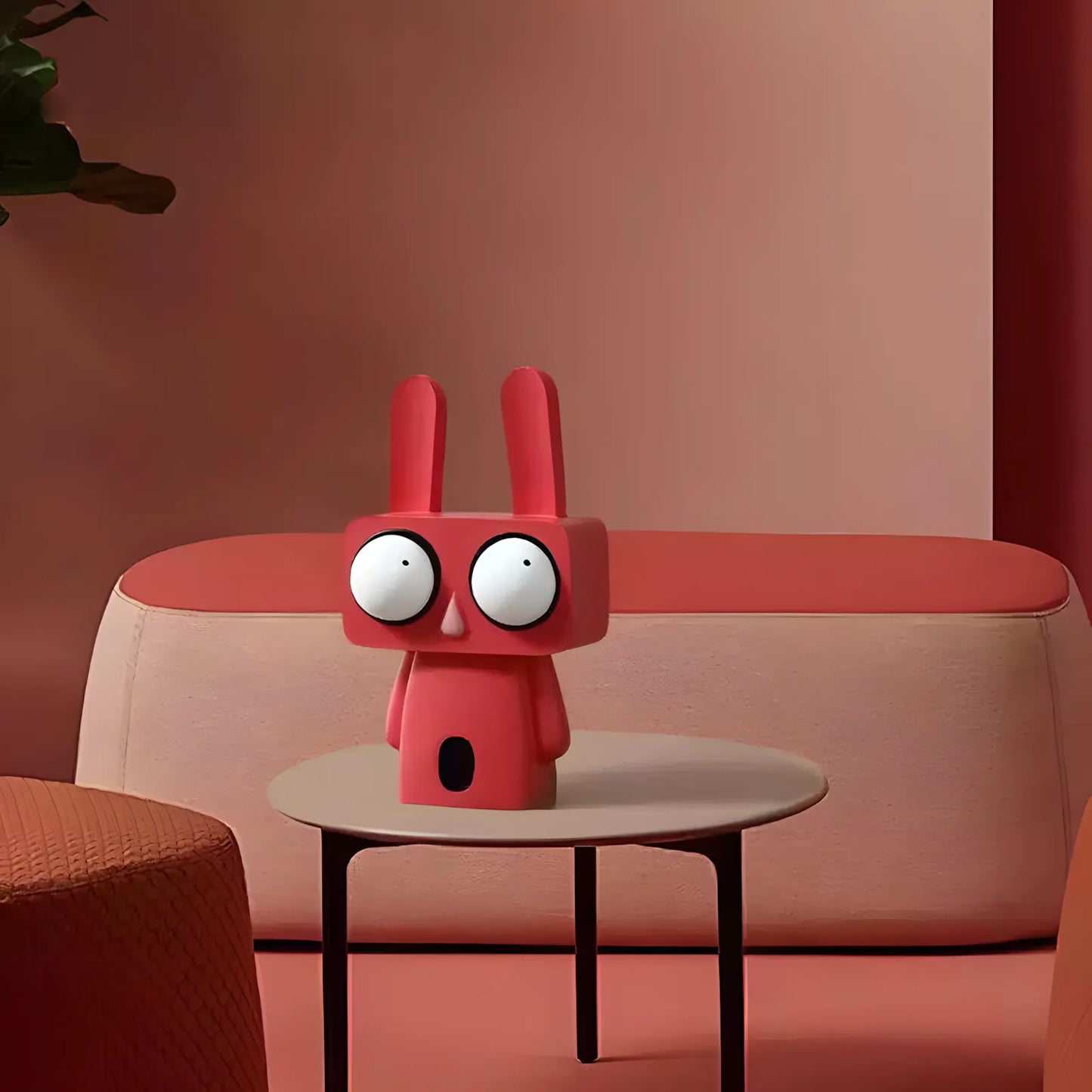 The modern coral red big-eyed bunny figurine displayed on a round coffee table in front of a minimalist terracotta and beige sofa setup