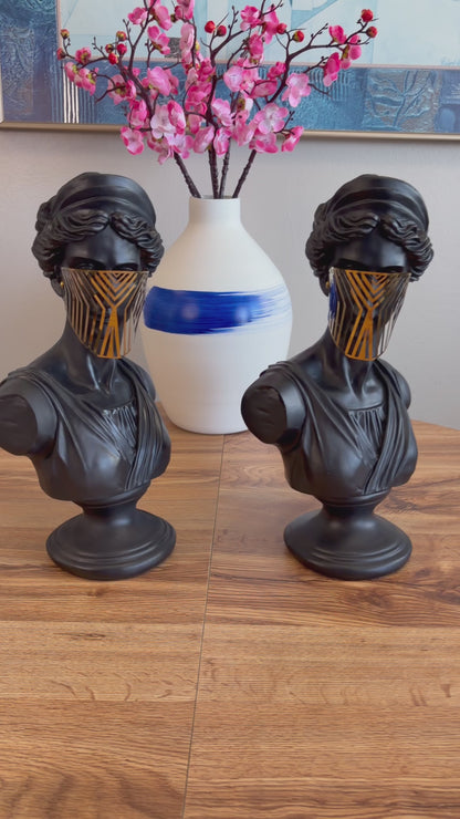 Modern Black Venus Bust Statue with Gold Mask