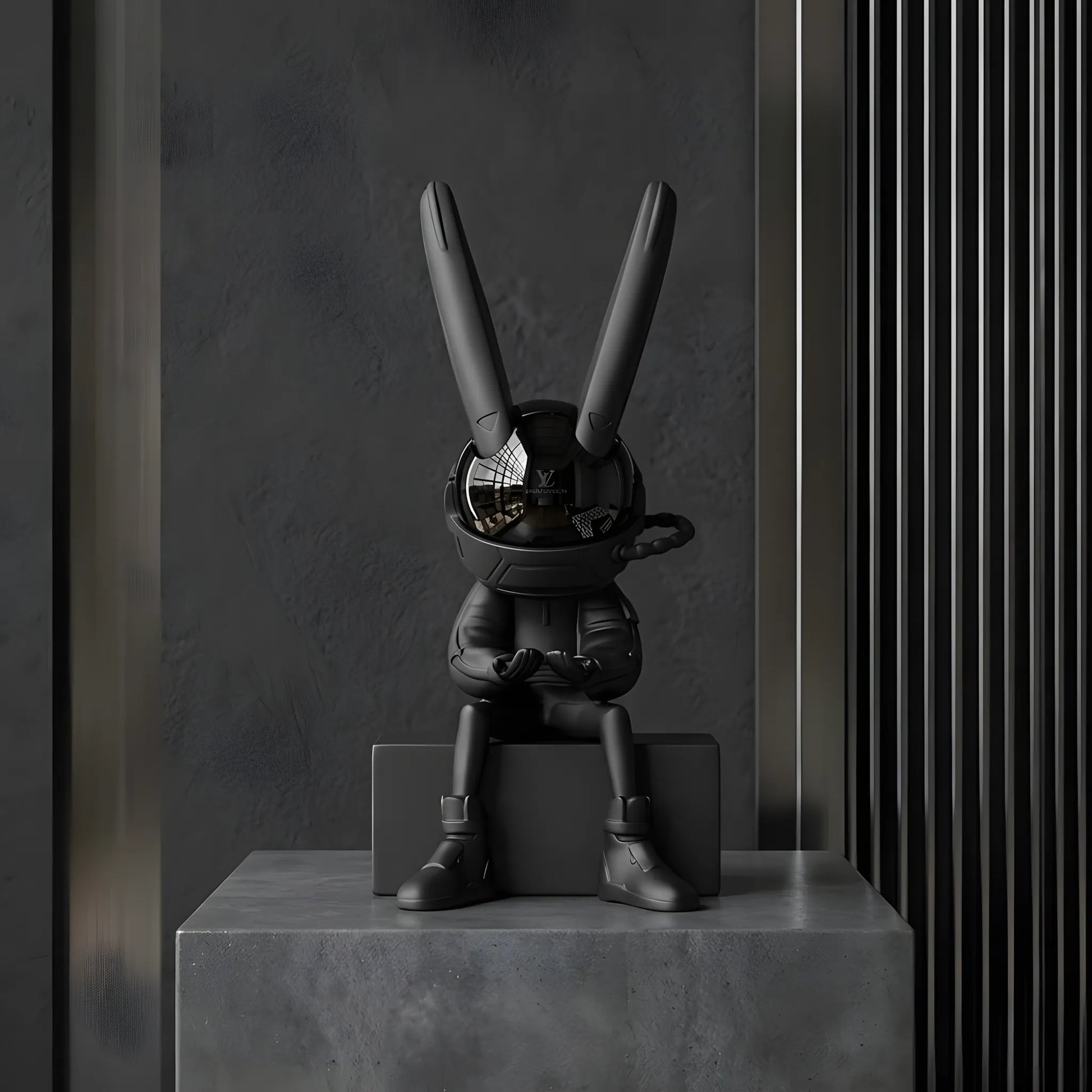 Front view of the 34cm sitting astronaut rabbit art figurine on a concrete pedestal block with a modern industrial background
