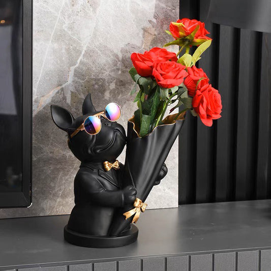 French bulldog figurine in sunglasses, flower vase