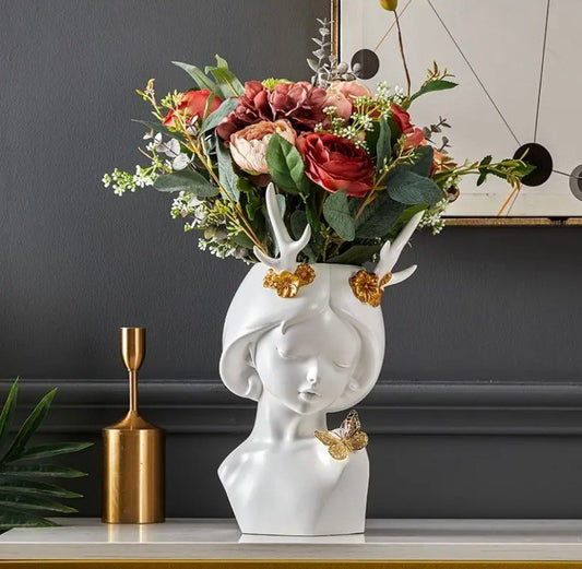Vase white with gold, girl with horns 33cm