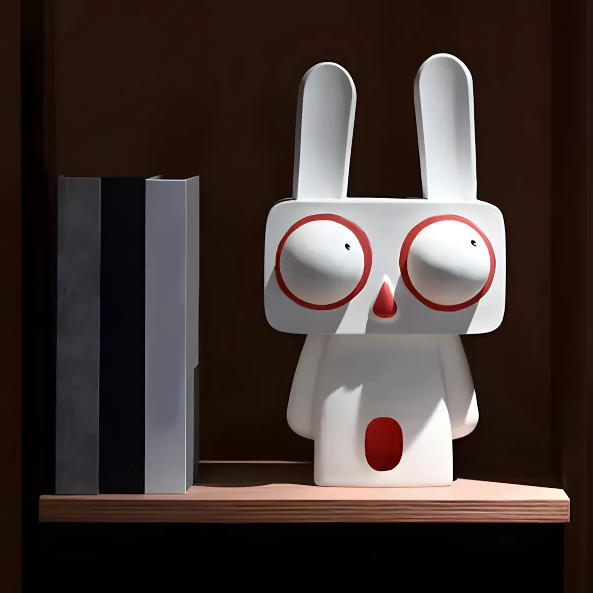 The 22cm minimalist white pop art rabbit figurine standing on a wooden bookshelf next to a stack of modern design books