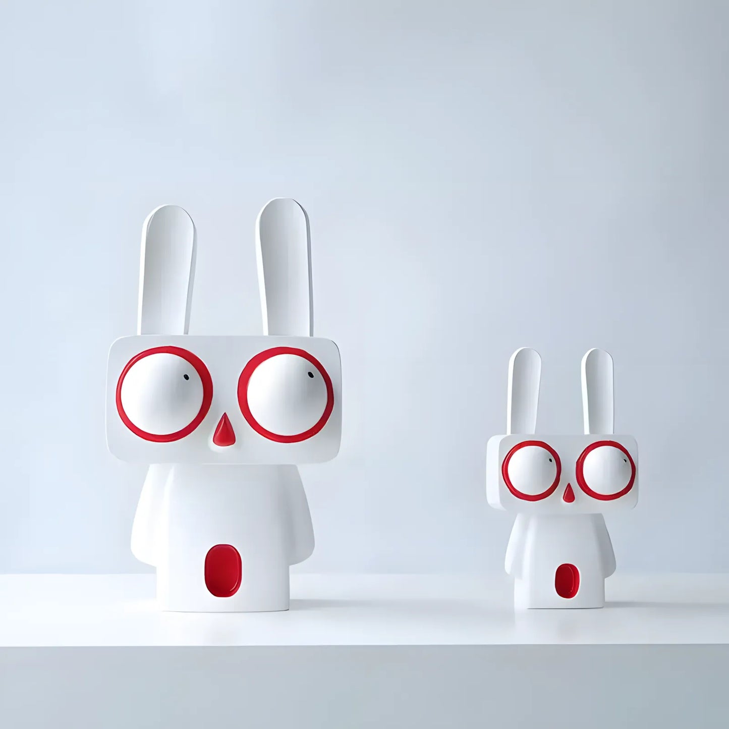Two different sizes of the minimalist white pop art rabbit art toys displayed side by side on a clean white gallery ledge