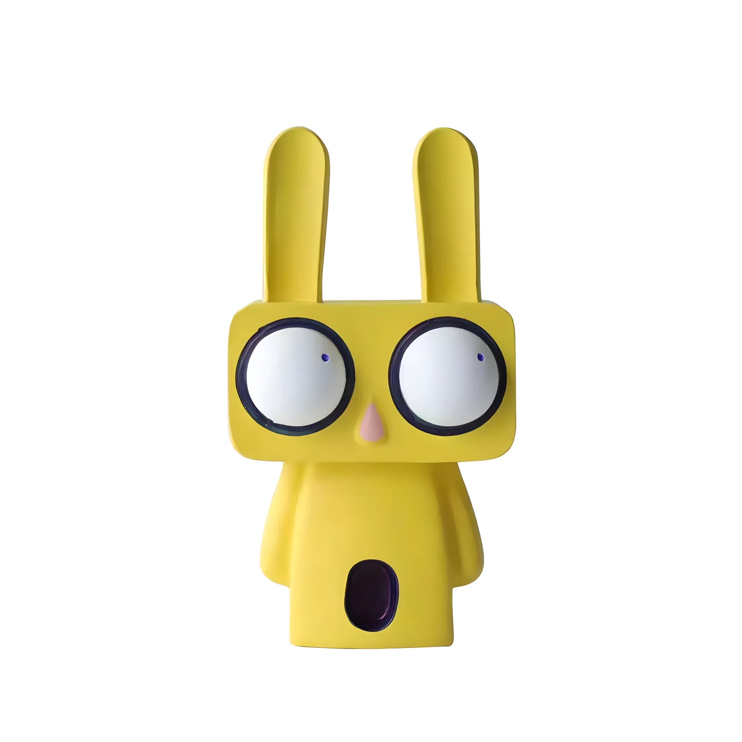 Isolated straight front view of the matte yellow pop art bunny sculpture with big dark-rimmed eyes on a solid white background