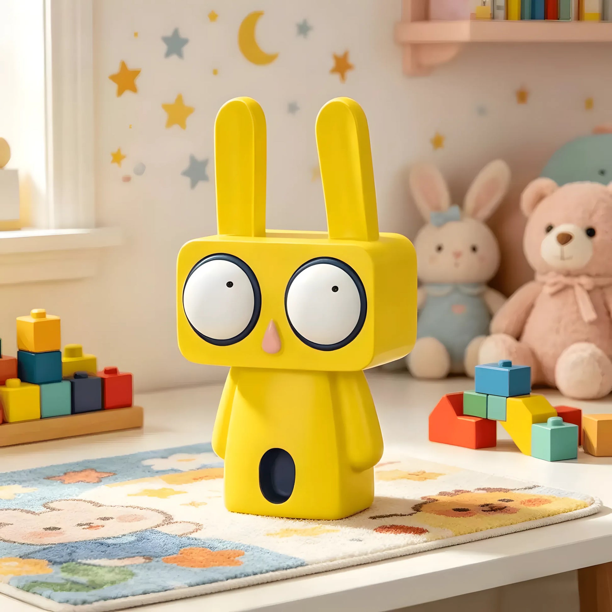 Vibrant yellow pop art rabbit figurine standing on a patterned mat in a bright kids playroom surrounded by toys